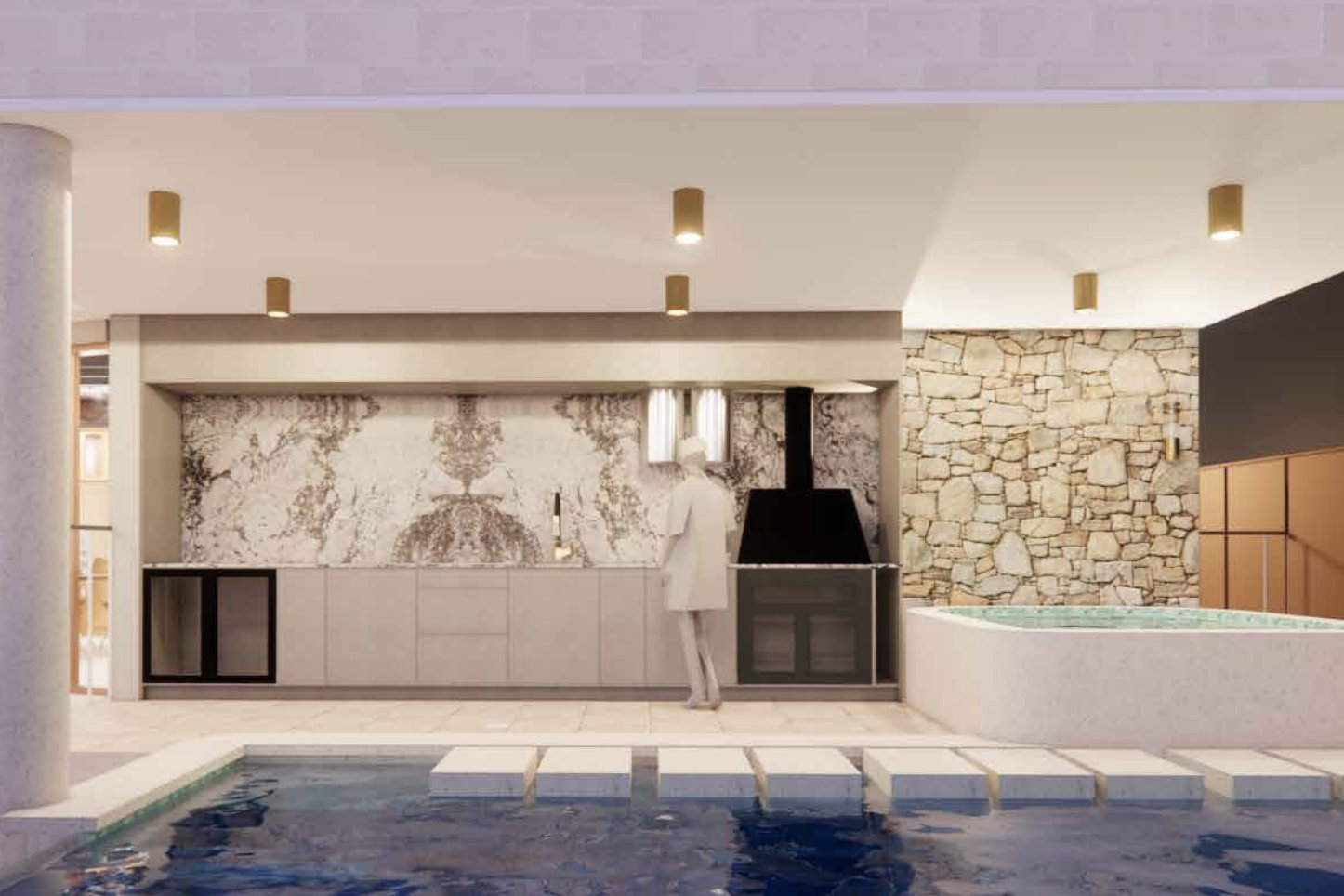 Ascot Residence indoor heated pool with stone feature wall
