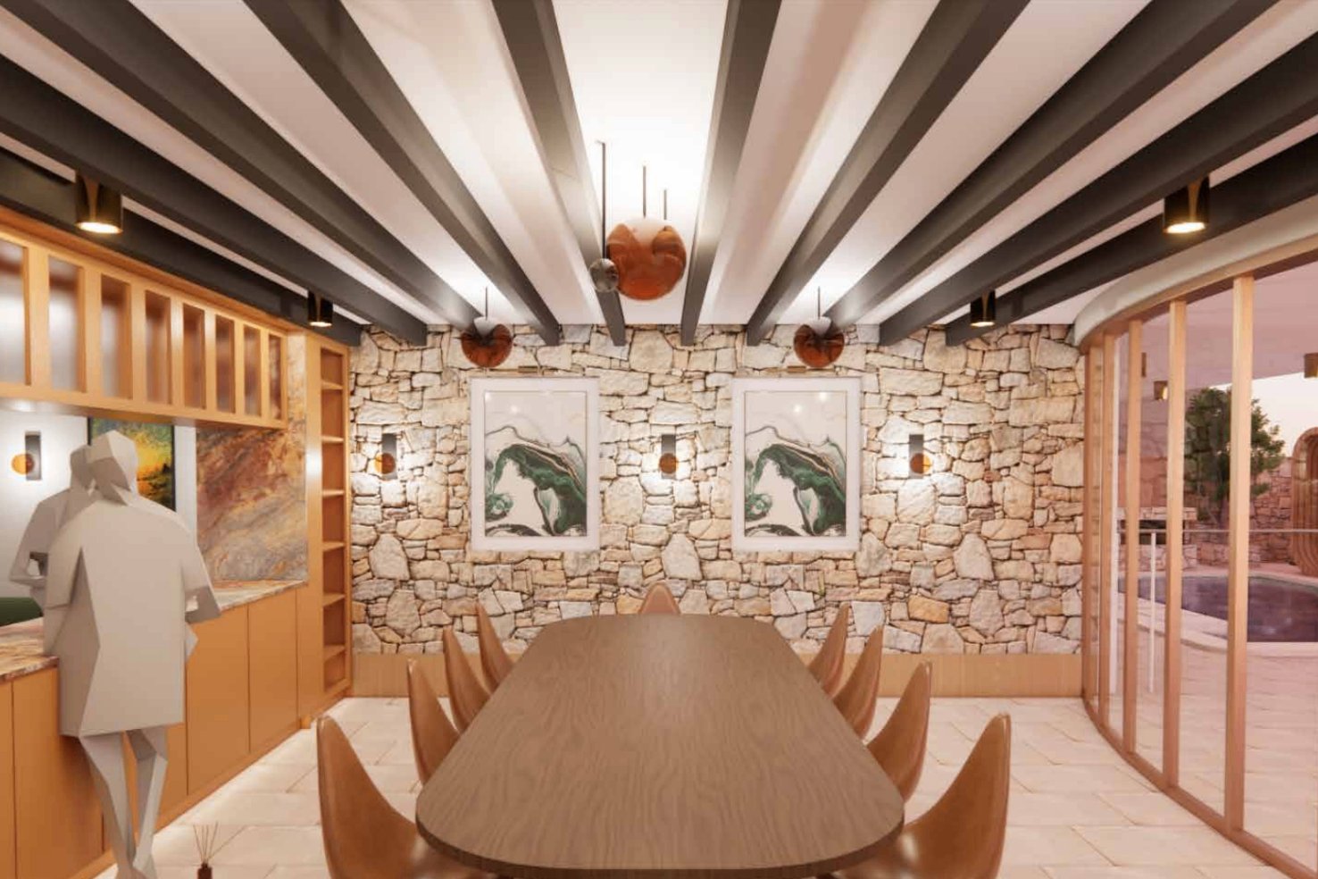 Ascot Residence wine cellar dining room with long timber table