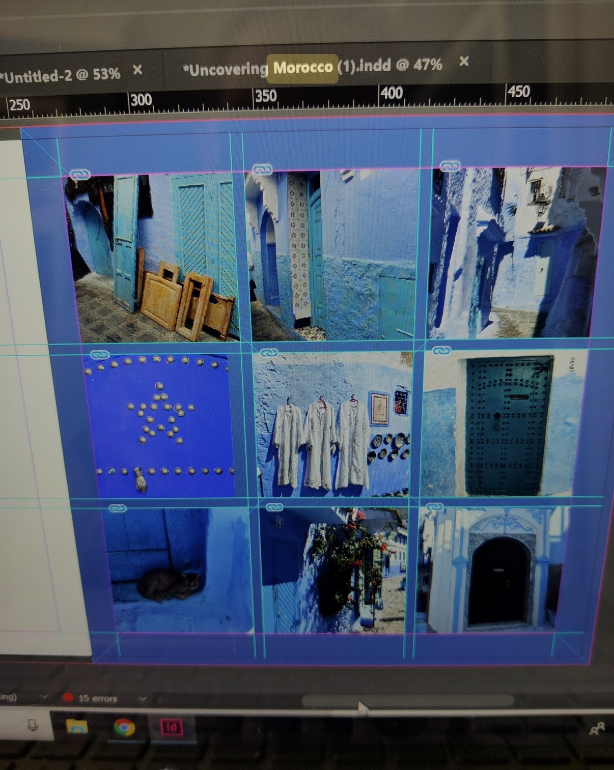 InDesign layout in progress for the Uncovering Morocco book, a nine image grid of Chefchaouen doors and streets