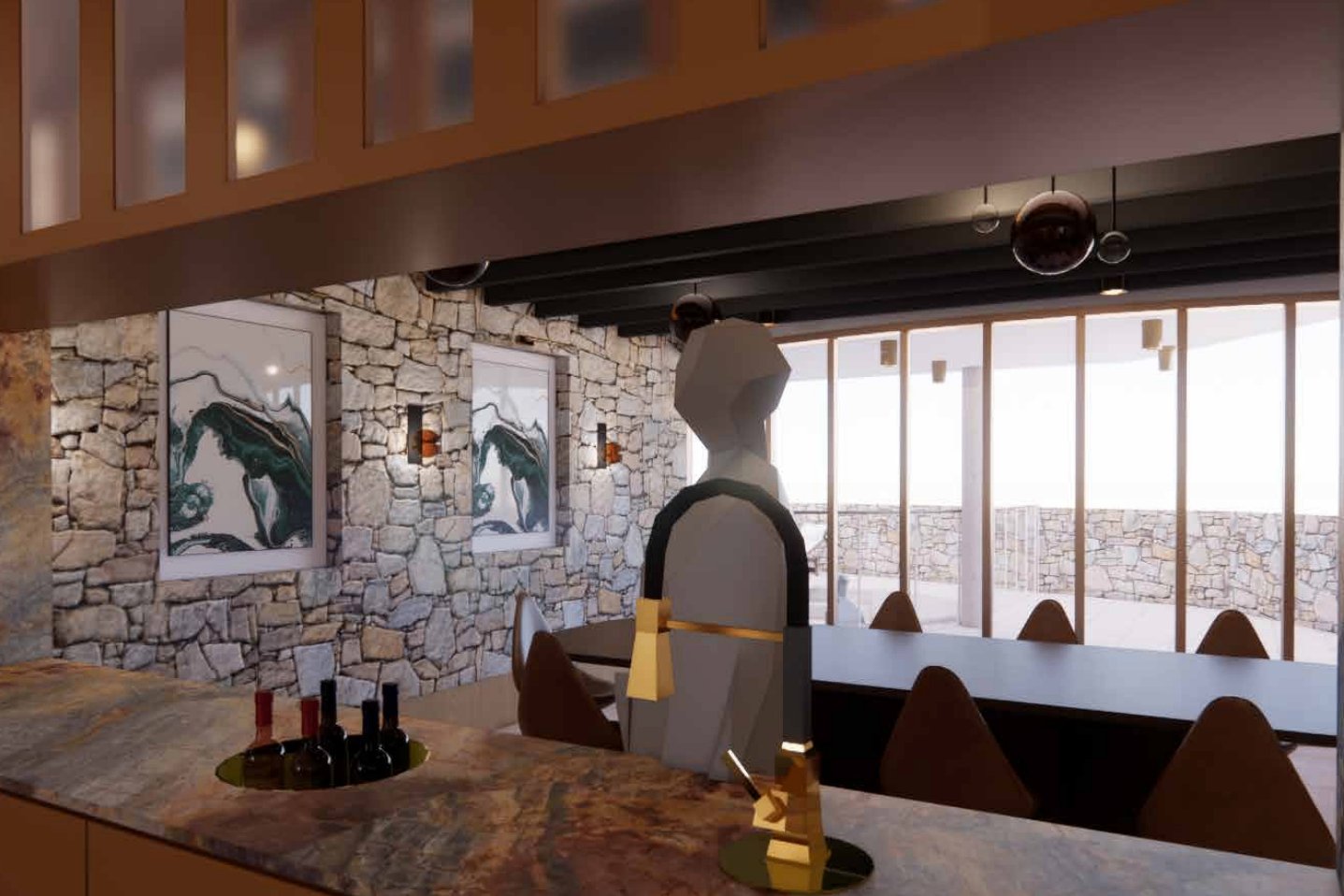 Ascot Residence wine cellar bar detail overlooking stone dining