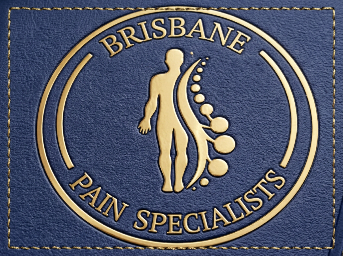 Stitched leather business card with the gold embossed Brisbane Pain Specialists emblem