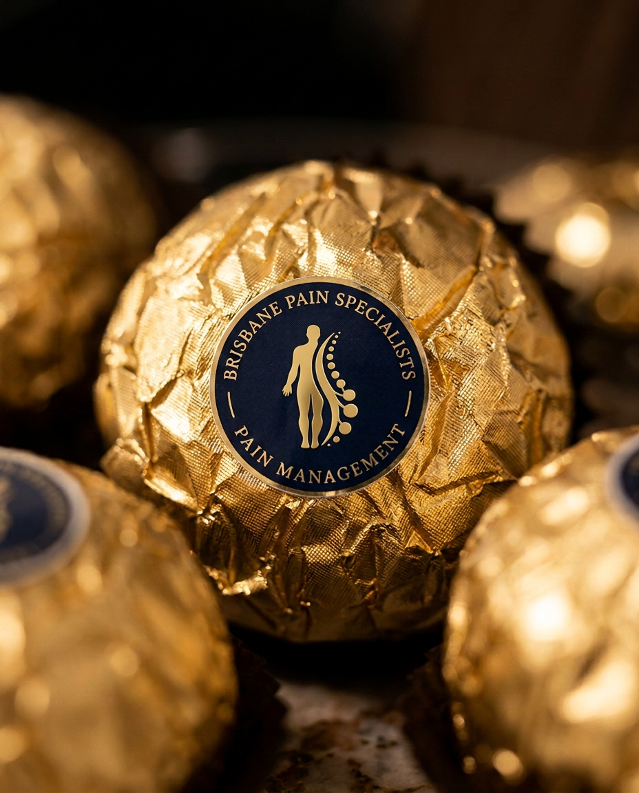 Gold foil welcome chocolates embossed with the Brisbane Pain Specialists logo