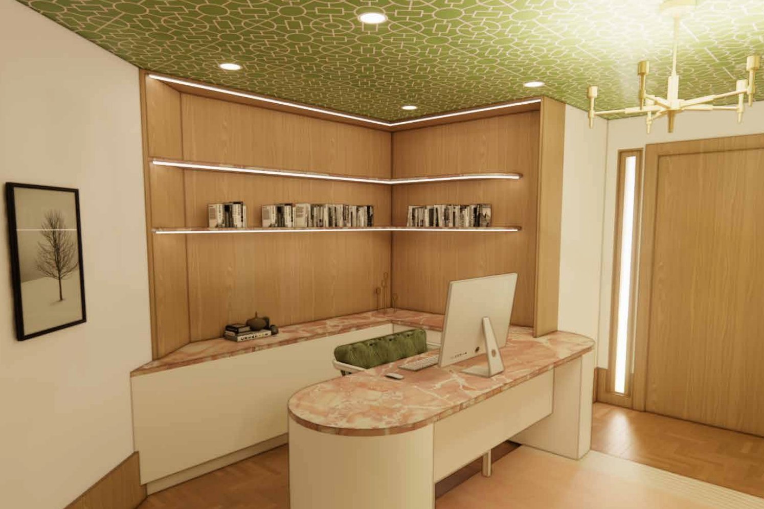 Ascot Residence home office with pink marble desk and green ceiling