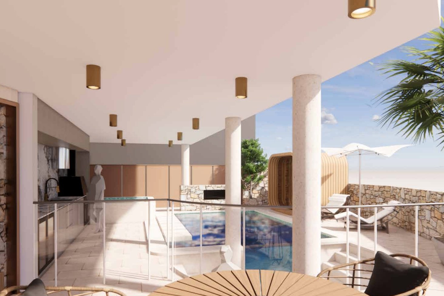 Ascot Residence rooftop pool with palm and timber sauna pod