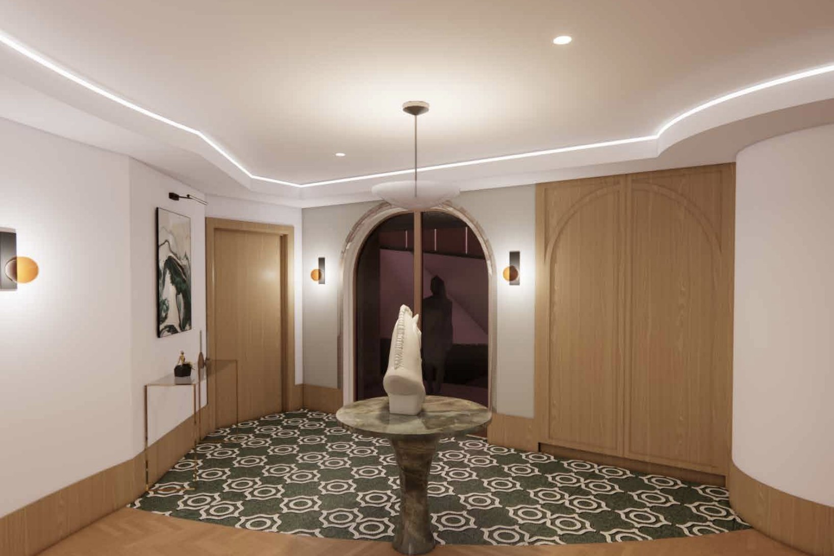 Ascot Residence front entry foyer with sculpted furniture