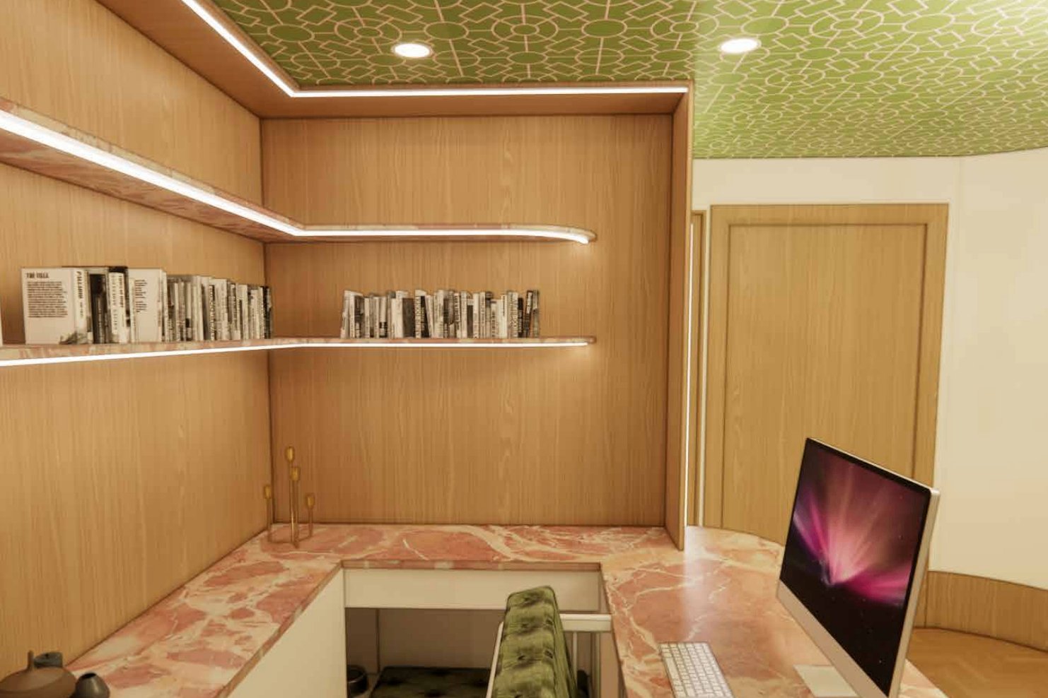 Ascot Residence study with timber shelving and pink marble desk