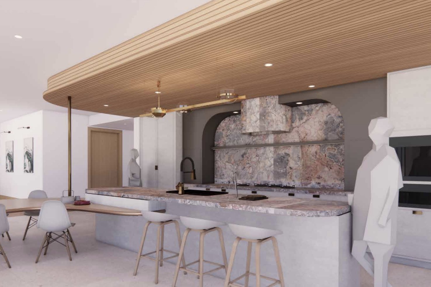 Ascot Residence kitchen with arched marble backsplash and timber ceiling